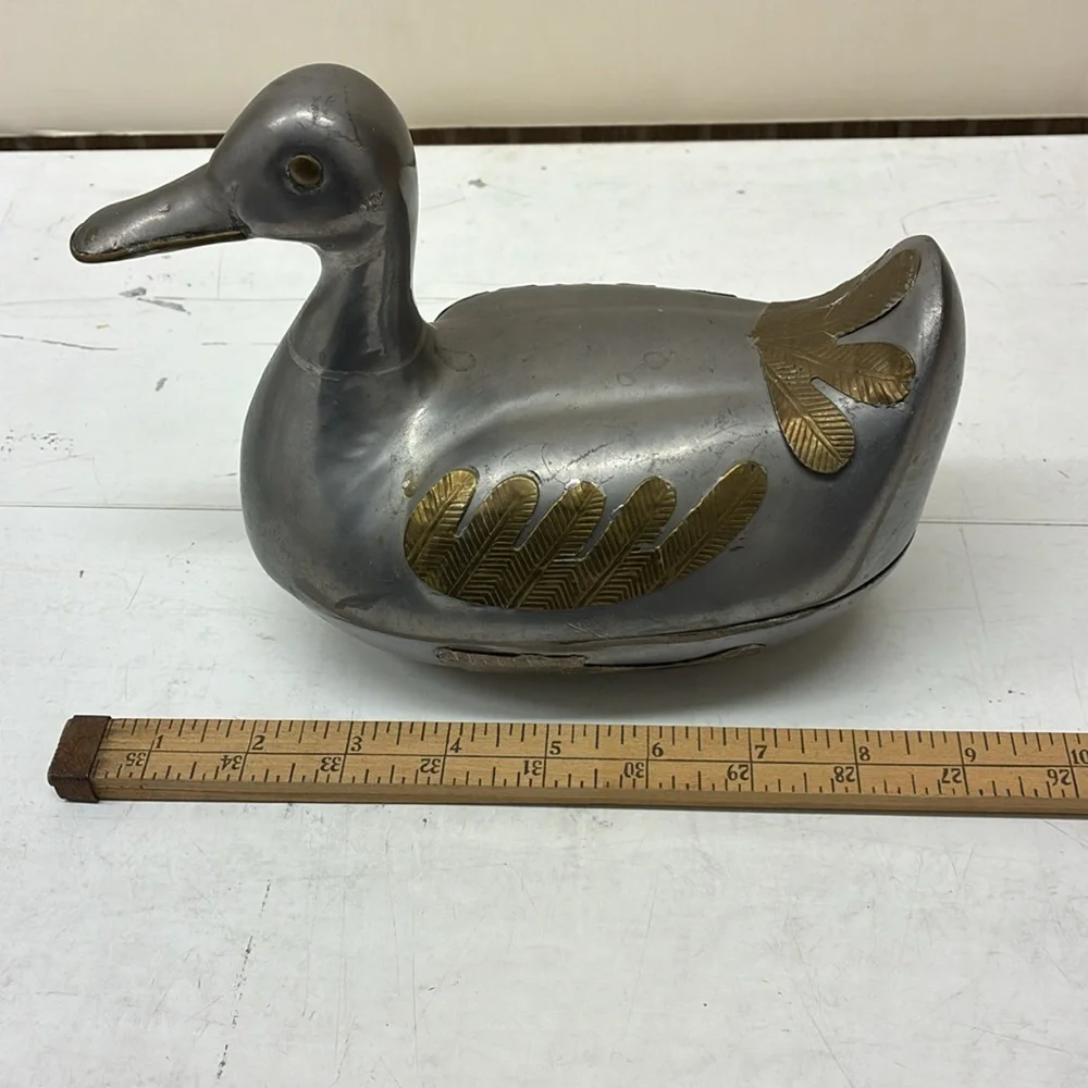 MCM Duck Decoy Keepsake Box  Chinese  pewter & brass duck trinket box lidded